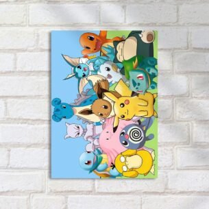 Quadro Decorativo Pokemon Grupal Fundo Colorido