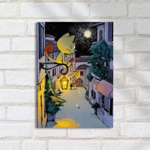 Quadro Decorativo Gato Lampada Noite Cidade