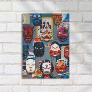Quadro Decorativo Mascaras Japonesas Coloridas Parede