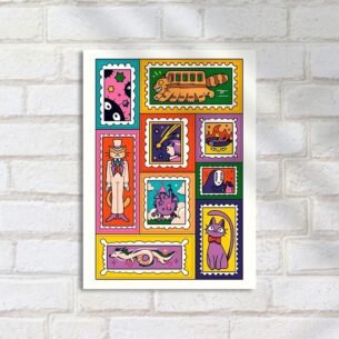 Quadro Decorativo Gatos Selo Colorido Studio Ghibli