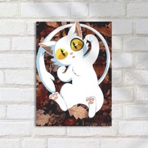 Quadro Decorativo Gato Branco Folhas Secas