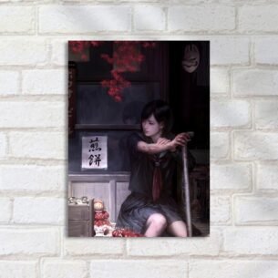 Quadro Decorativo Jovem Reflexiva Mascara Kimono