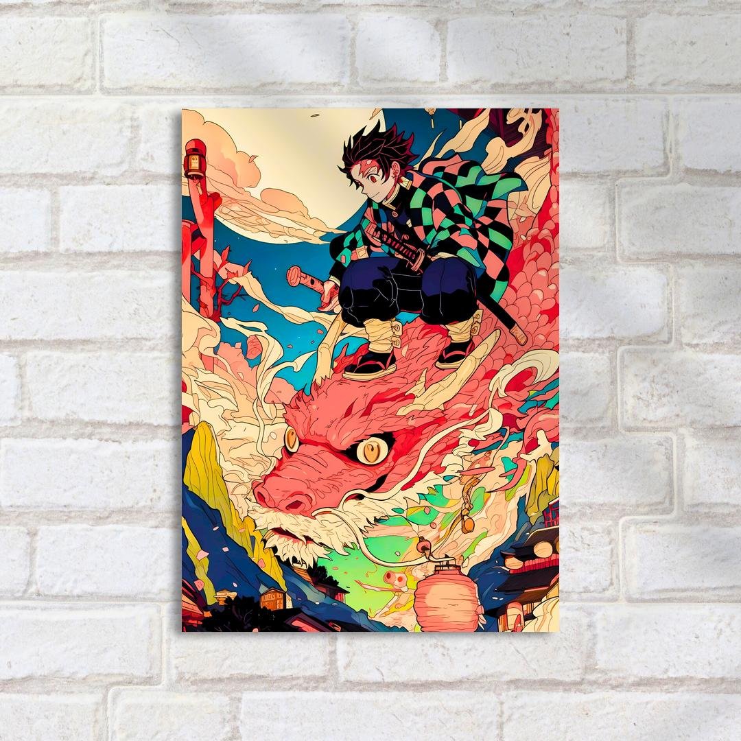 Quadro Decorativo Samurai Dragao Colorido Demon Slayer