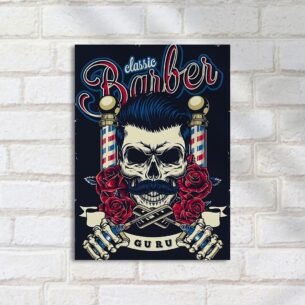 Quadro Decorativo Skull Barber Roses Vintage