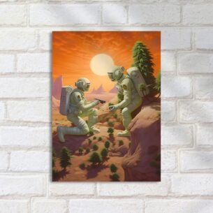 Quadro Decorativo Astronautas Explorando Deserto Cannabis