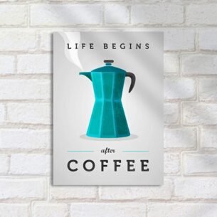 Quadro Decorativo Cafeteira Azul Frase Cafe