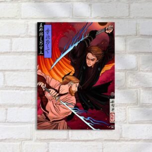 Quadro Decorativo Desenho Samurais Duelo Azul