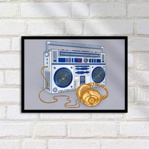 Quadro Decorativo Radio Vintage Fones Dourados