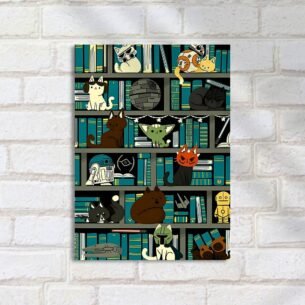 Quadro Decorativo Gatos Star Wars Estante Livros