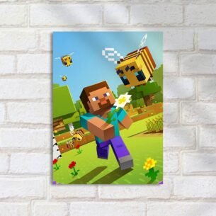 Quadro Decorativo Steve Abelhas Flor Minecraft