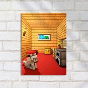 Quadro Decorativo Minecraft Quarto Cachorro Fogueira