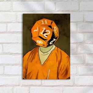 Quadro Decorativo Dado Rosto Camiseta Laranja RPG