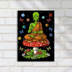 Quadro Decorativo Alien Buda Medita Planetas