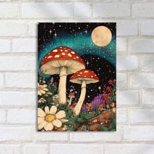 Quadro Decorativo Cogumelos Flores Luar