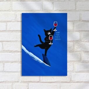 Quadro Decorativo Gato Vinho Surfando Tubarao