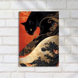 Quadro Decorativo Gato Preto Arte Japonesa