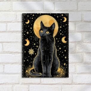 Quadro Decorativo Gato Preto Lua Estrelas