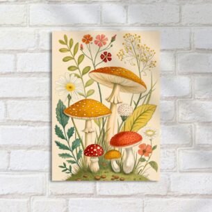 Quadro Decorativo Cogumelos Flores Ilustracao