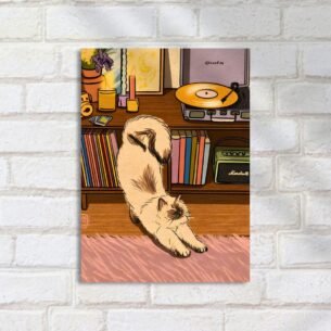 Quadro Decorativo Gato Alongando Em Frente Estante