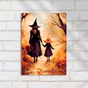 Quadro Decorativo Bruxas Caminhando Floresta Outono