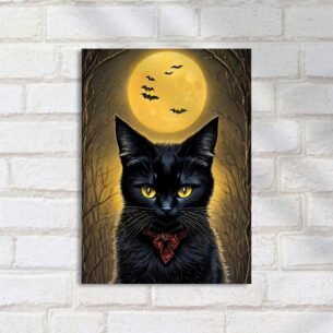 Quadro Decorativo Gato Preto Lua Morcegos