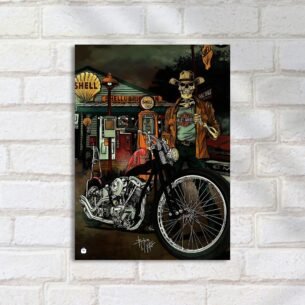 Quadro Decorativo Esqueleto Motocicleta Posto Shell