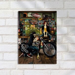 Quadro Decorativo Motocicleta Garagem Mulher Mecanico