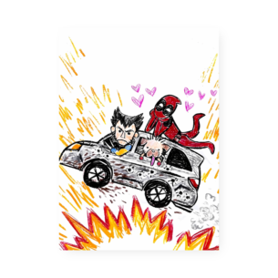 Quadro Decorativo Marvel Wolverine Deadpool Carro Explosao